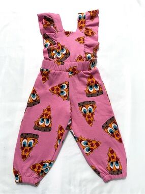 NWT Hugo Loves Tiki Pizza Print Jumper Pink Ruffle Strap Overalls